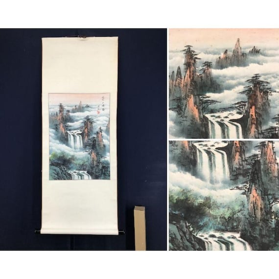 節庄作 中国風景掛け軸 – 滝山風景、伝統的な水墨画、アジア美術掛け軸