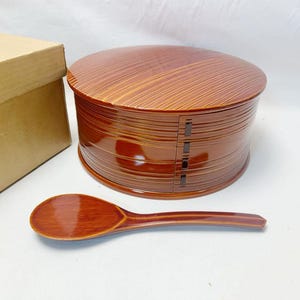 Japanese Hida Shunkei Lacquered Rice Container – Natural Wood Hangiri with Serving Paddle, 24.9cm Wide, Tea Ceremony Tool