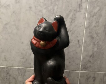 珍しいハニベウィンキング招き猫：黒粘土製日本民芸品 招き猫 - Etsy 日本
