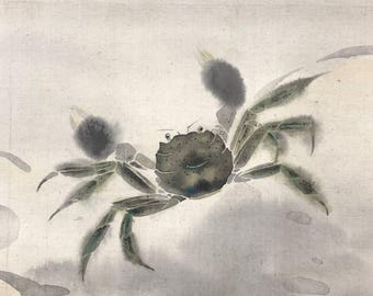 木村義雄作の日本の掛け軸 – 岩上の蟹（木津）、伝統的な墨絵、禅の