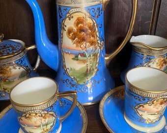 Antique 1910 Old Noritake 15-piece Turquoise Blue Tea Set With