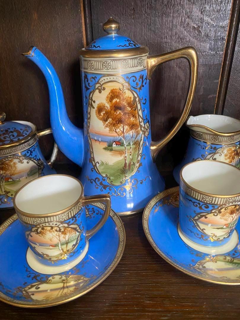Antique 1910 Old Noritake 15-piece Turquoise Blue Tea Set With