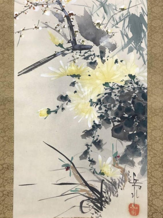 井出岳水作 四君子掛け軸 – 絹地に描かれた優雅な花鳥画、箱付き、165