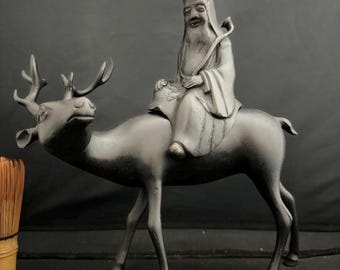 Antique Bronze Incense Burner with Sennin on Deer – Feng Shui Collectible, 27cm Tall, Elegant Japanese Art