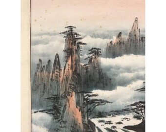 節庄作 中国風景掛け軸 – 滝山風景、伝統的な水墨画、アジア美術掛け軸