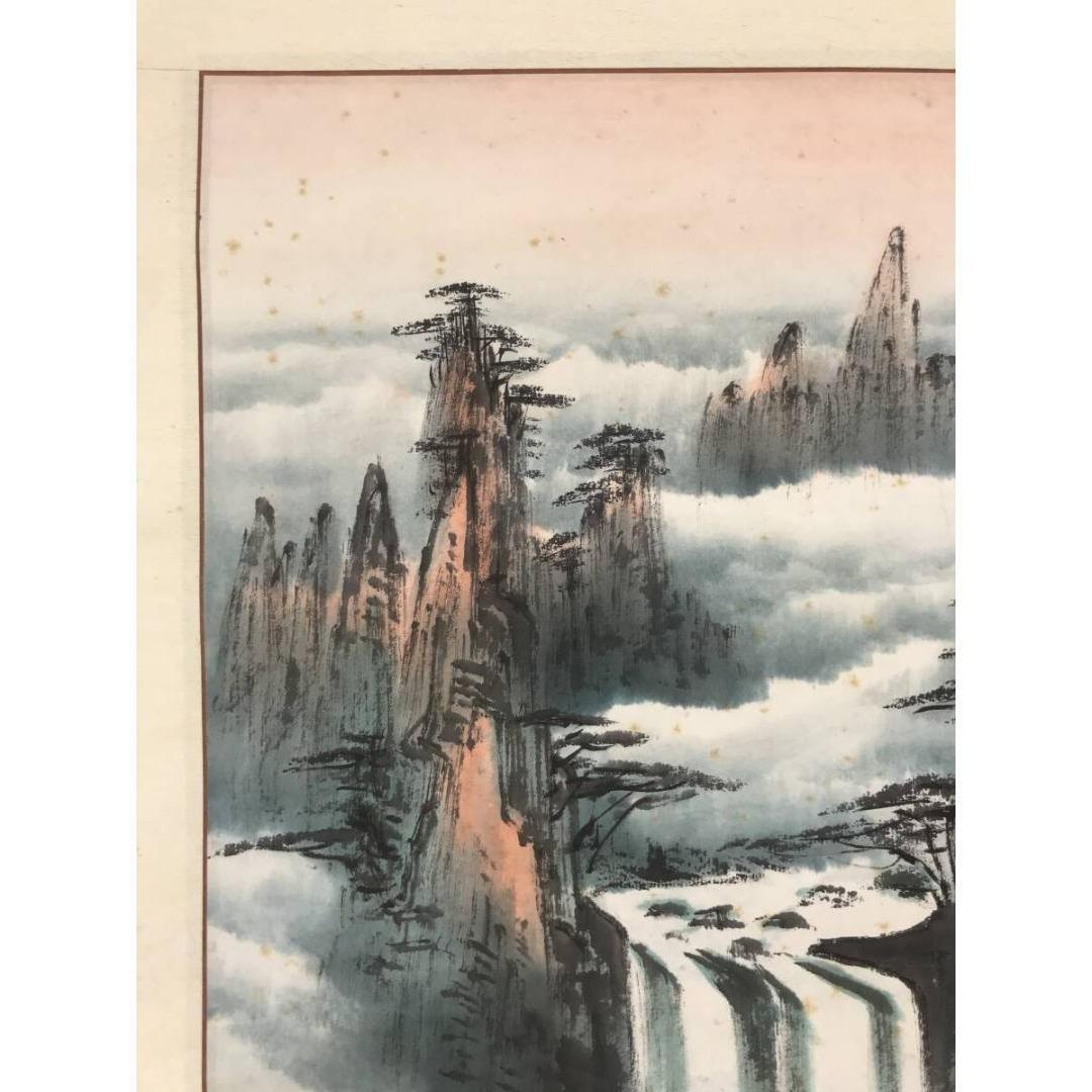節庄作 中国風景掛け軸 – 滝山風景、伝統的な水墨画、アジア美術掛け軸
