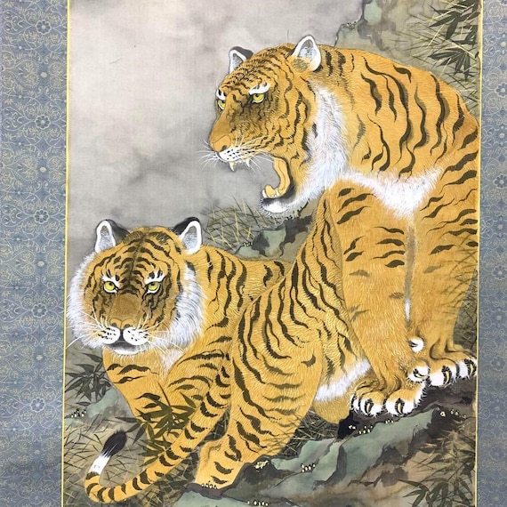 Japanese Hanging Scroll by Sensui – Twin Tigers on Rock, Signed