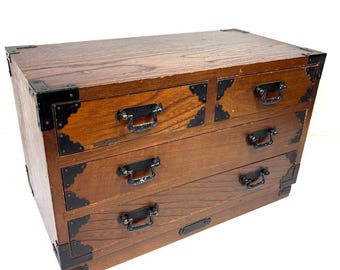 Japanese Wooden 3-Drawer Chest Box | Tansu Style Vintage Storage 