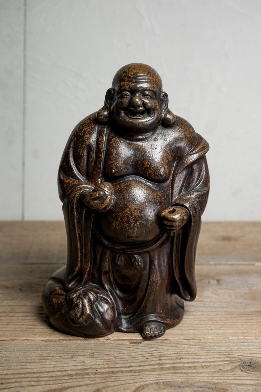 アンティーク備前焼布袋像 - 明治時代 19 世紀 日本製陶器 笑い仏
