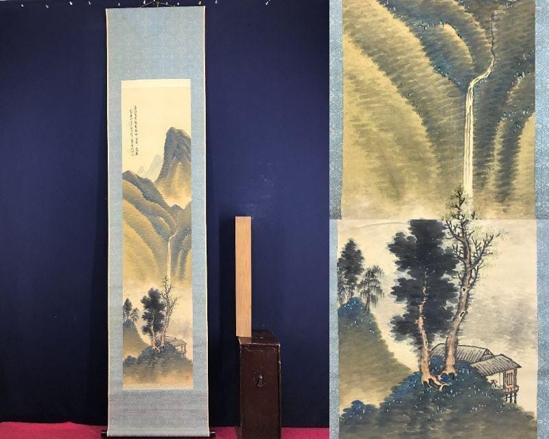 来山竹信作 日本の掛け軸 – 滝と山の風景画、青緑色墨、207×55cm 静寂