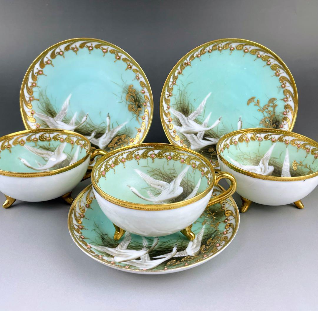 【希少】オールドノリタケ フライングスワン 脚付きティーカップ ソーサー 3客 希少】オールドノリタケ フライングスワン 脚付きティーカップ