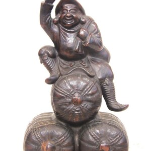 Antique Bizen Daikokuten God of Wealth Statue – Japanese Seven Lucky Gods Figurine on Rice Bales, Feng Shui Prosperity Decor