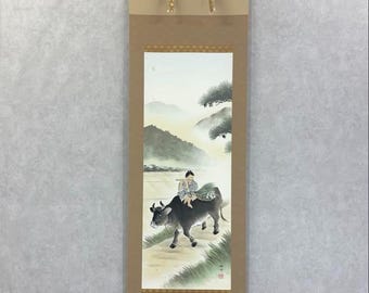 佐藤順吉作 田園風景を描いた掛け軸 「田園で牛に乗る少年」 署名入り