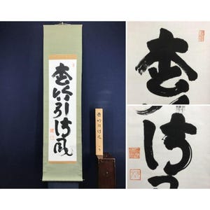 Op de afbeelding: Een Japanse kalligrafierol met zwarte inkttekens op wit papier, gemonteerd op een lichtgroene stof. De rol hangt tegen een donkerblauwe muur. Extra close-up beelden van kalligrafie zijn ook te zien.