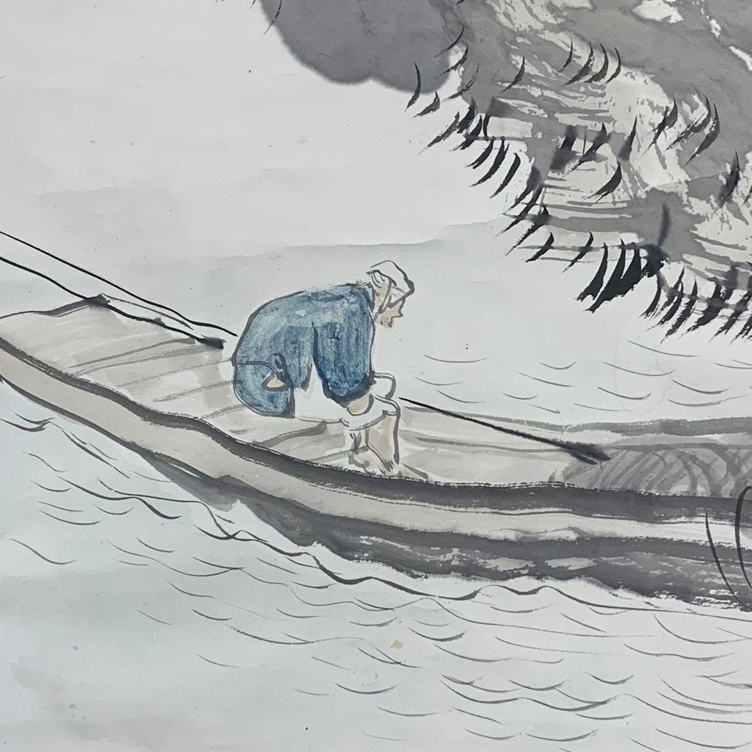 日本の秋の水墨風景画 掛け軸 - 川の漁師、山と木々を描いた背の高い 