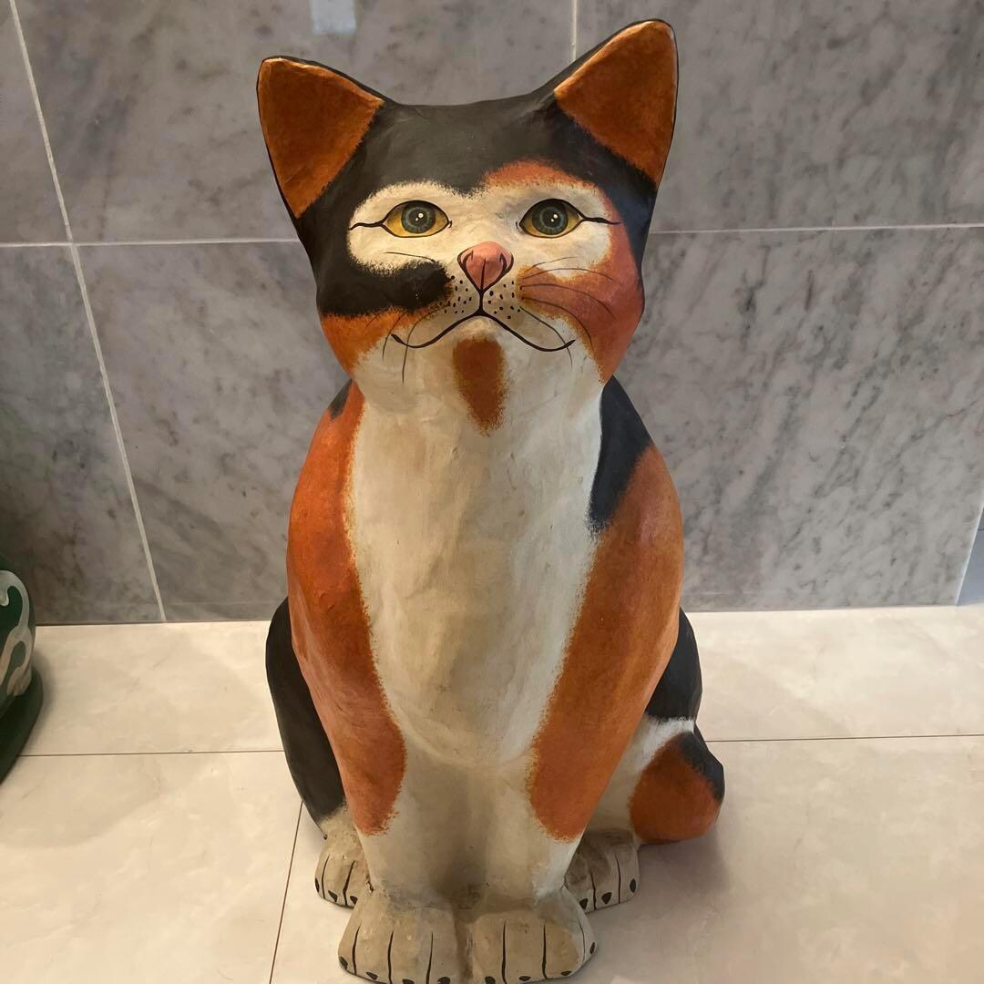 Ser-Mel 張り子 猫 メキシコ ヴィンテージ 1960年代 レア39cm 巨大なヴィンテージ張子三毛猫の置物 - 繁栄、幸福、ユニークな室内