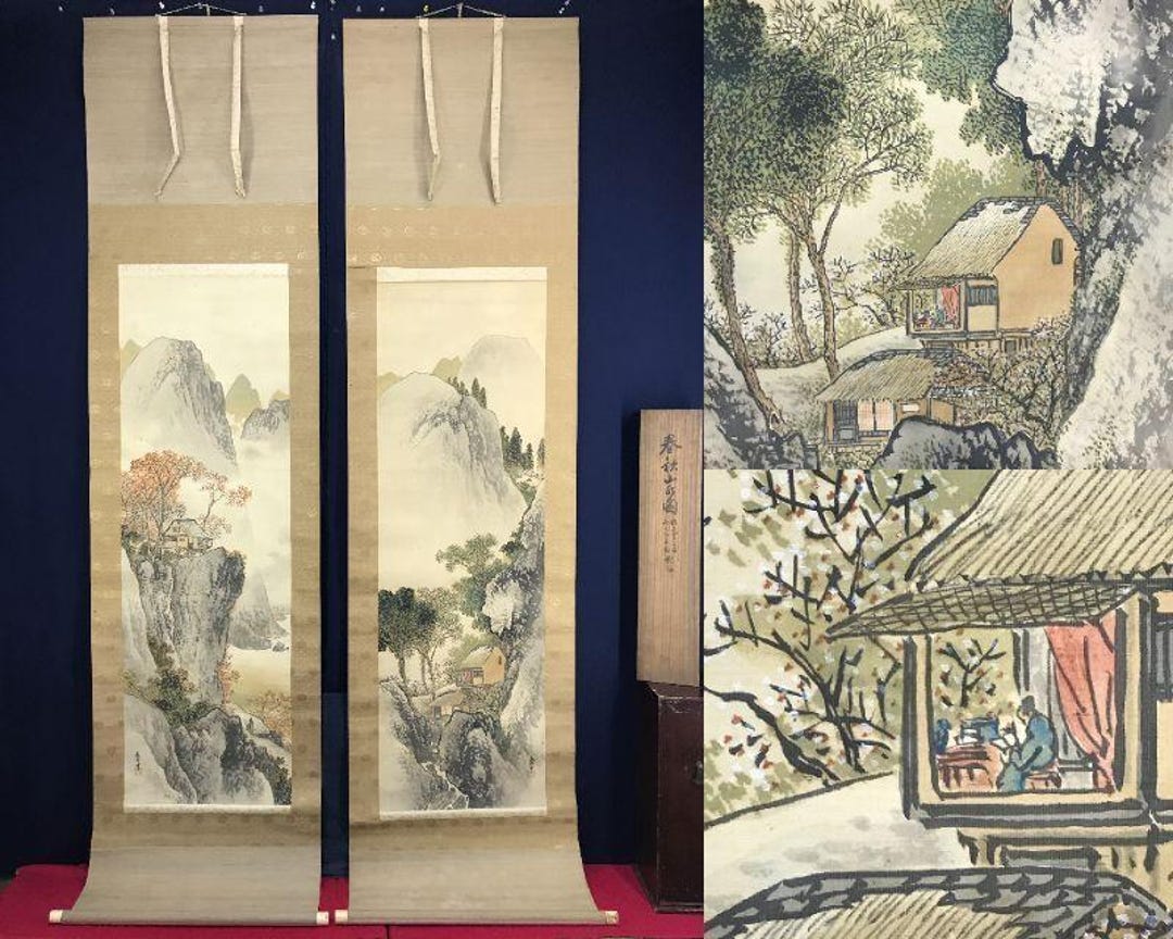 山田慶忠作 春秋風景掛け軸 ― 絹本水墨画2点セット、桐箱入り - Etsy 日本