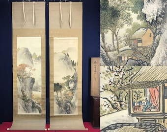 山田契沖 春秋山水図 掛軸 絹本墨画 2幅セット 銘入り桐箱入り - Etsy