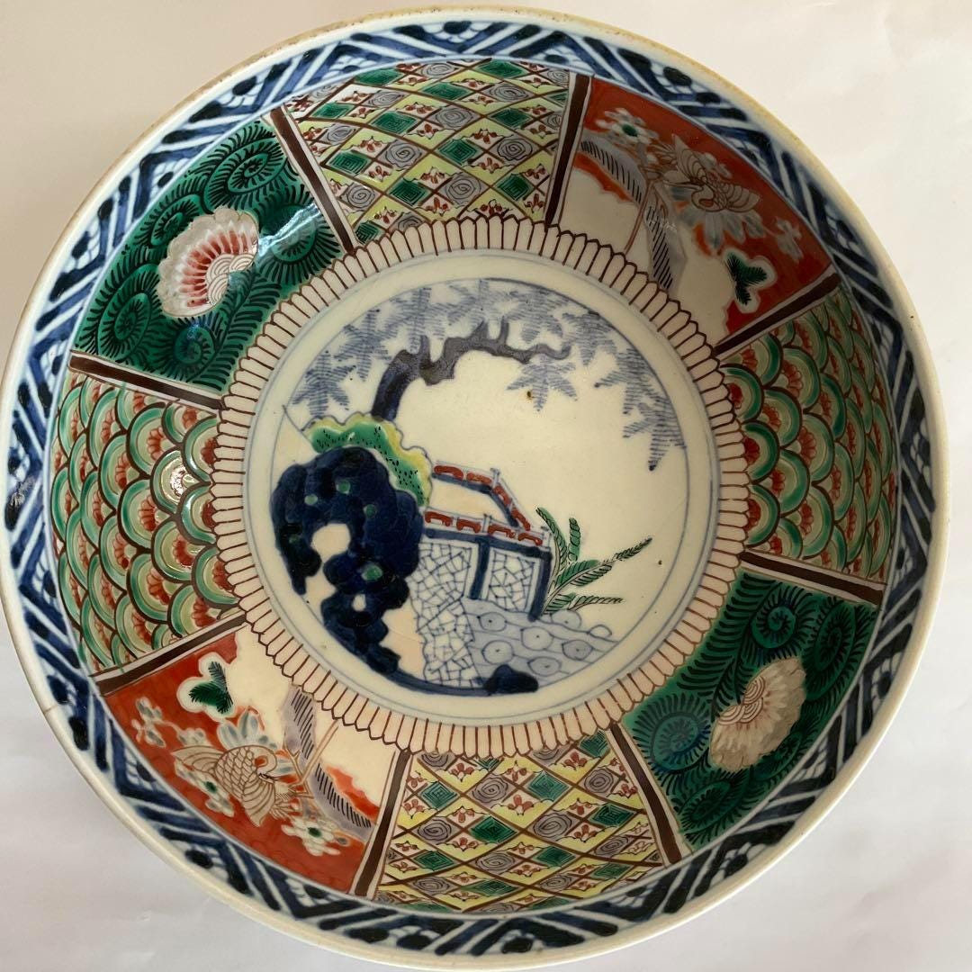 九谷焼　大聖寺伊万里　色絵草花山水鶴文深鉢　江戸時代中期から後期頃 E20424C7-8B3F-4C04-B4AC-