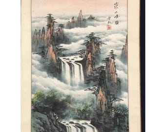 節庄作 中国風景掛け軸 – 滝山風景、伝統的な水墨画、アジア美術掛け軸