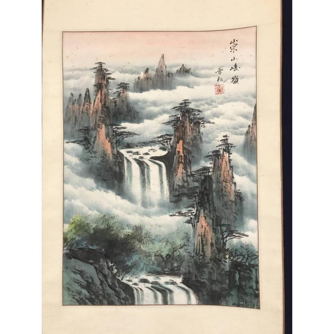 中国美術 滝図 絵画 節庄作 中国風景掛け軸 – 滝山風景、伝統的な水墨画、アジア美術掛け軸