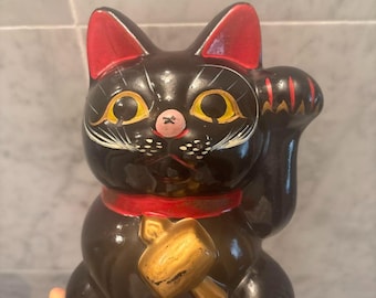 Extra Large Black Maneki Neko - Antique Japanese Lucky Cat