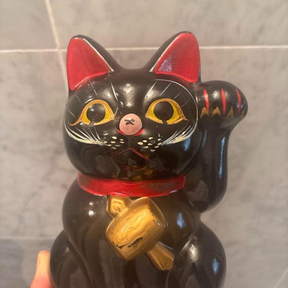 Vintage Black Maneki Neko With Golden Lucky Mallet – Hand-painted