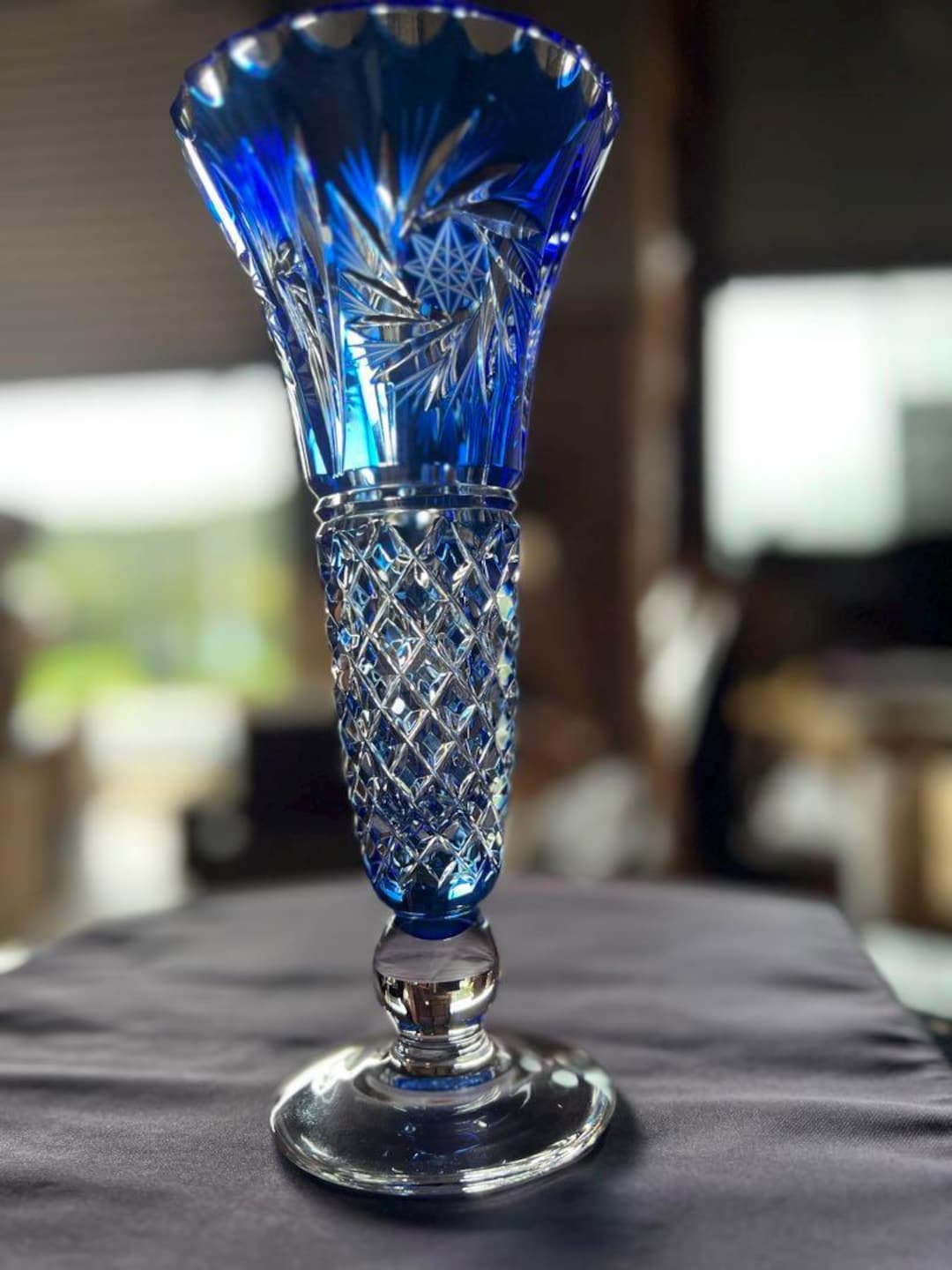 Vintage Edo Kiriko Cut Glass Vase Blue Overlay Traditional Japanese ...