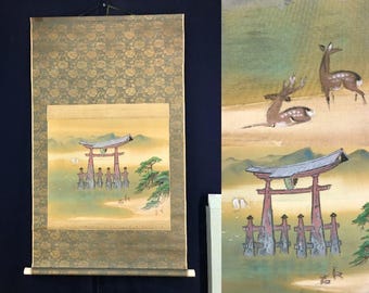 野原長生作 掛け軸 – 宮島鳥居と鹿の風景、神社の絵（絹本） 112×73cm
