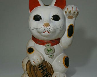 大型ヴィンテージ招き猫 - 陶器製招き猫貯金箱、左前足を上げる招き猫