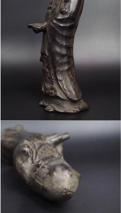 江戸時代の青銅製観音像 - 高さ30cm、穏やかな眼差しと流れるような衣