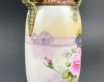 ノリタケ アールヌーボー様式 オールド花瓶 – 高さ24.9cm ピンクのバラ
