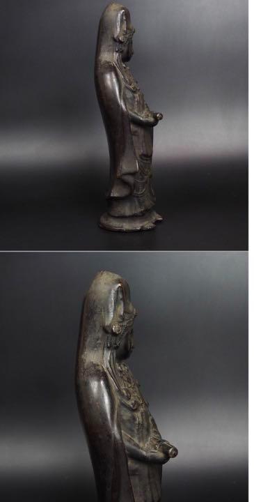 江戸時代の青銅製観音像 - 高さ30cm、穏やかな眼差しと流れるような衣