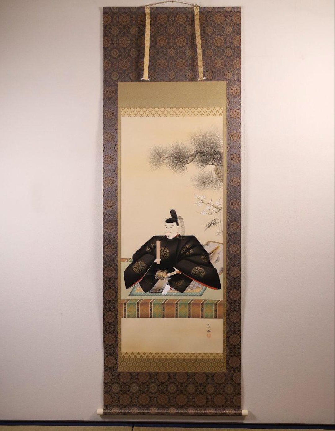 井上芳峰作 菅原道真公（天神様）肖像 絹本掛軸 神道伝統芸術 200 cm