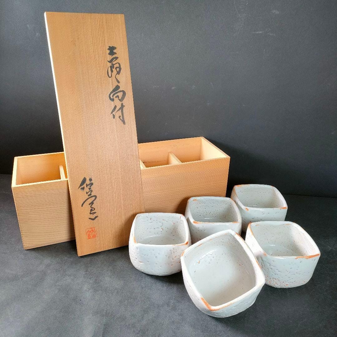 安藤英武作 志野焼 盛鉢 5客セット 仙山窯 手作り 白釉 銘木箱入り