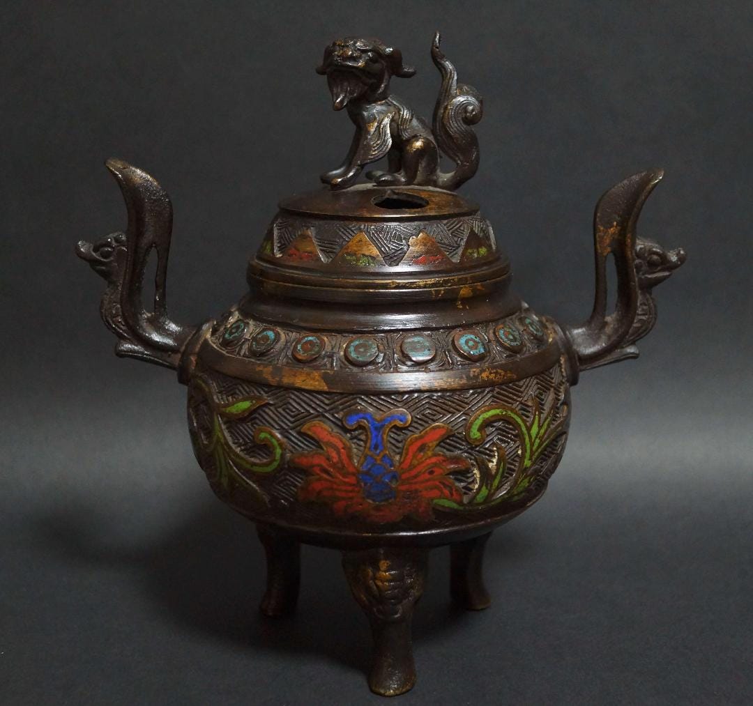 Antique Meiji Era Cloisonné Bronze Incense Burner – Shishi Finial