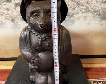 ヴィンテージ備前焼の狸像、幸運のタヌキの置物、高さ28cmの陶器風水