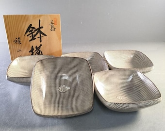 May include: Set of five square ceramic dishes with a fish design, arranged in a group. The dishes have a grid pattern in gray and white. A wooden box with Japanese characters is in the background.