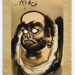 Bold Japanese Hanging Scroll of Daruma Bodhidharma – Zen Ink Portrait with Expressive Gaze, 182×59cm Calligraphy Painting