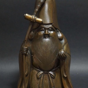Japanese Bronze Fukurokuju Statue – Seven Lucky Gods Figurine, Longevity Symbol, Feng Shui Decor, 20.8cm Tall