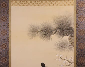 井上鳳鳳作 日本の掛け軸 – 絹地に菅原道真（天神様）像、伝統的な神道