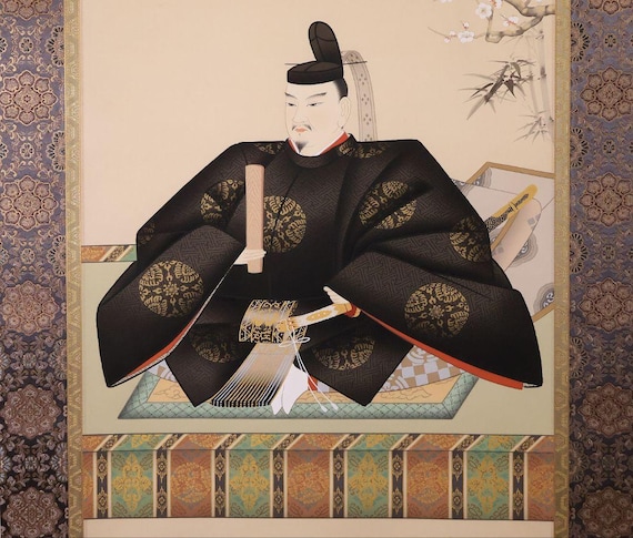 井上鳳鳳作 日本の掛け軸 – 絹地に菅原道真（天神様）像、伝統的な神道