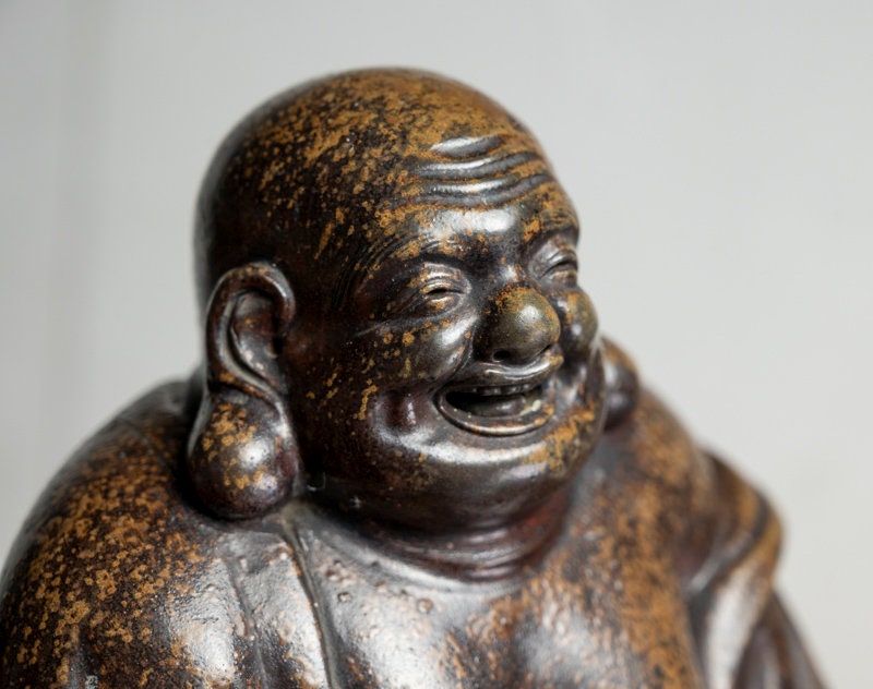 アンティーク備前焼布袋像 - 明治時代 19 世紀 日本製陶器 笑い仏