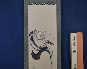 ヴィンテージの日本の掛け軸 – 達磨（菩提達磨）禅画、絹製、壁掛け