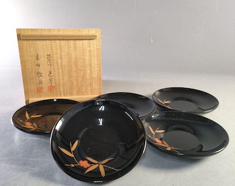 輪島塗 山茶花と竹の茶托セット 三峯・鉄舟作 金蒔絵茶碗コースター5枚