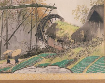 川合玉堂作「岳水春雨」日本美術掛軸、限定13/480、絹本刷り、箱付