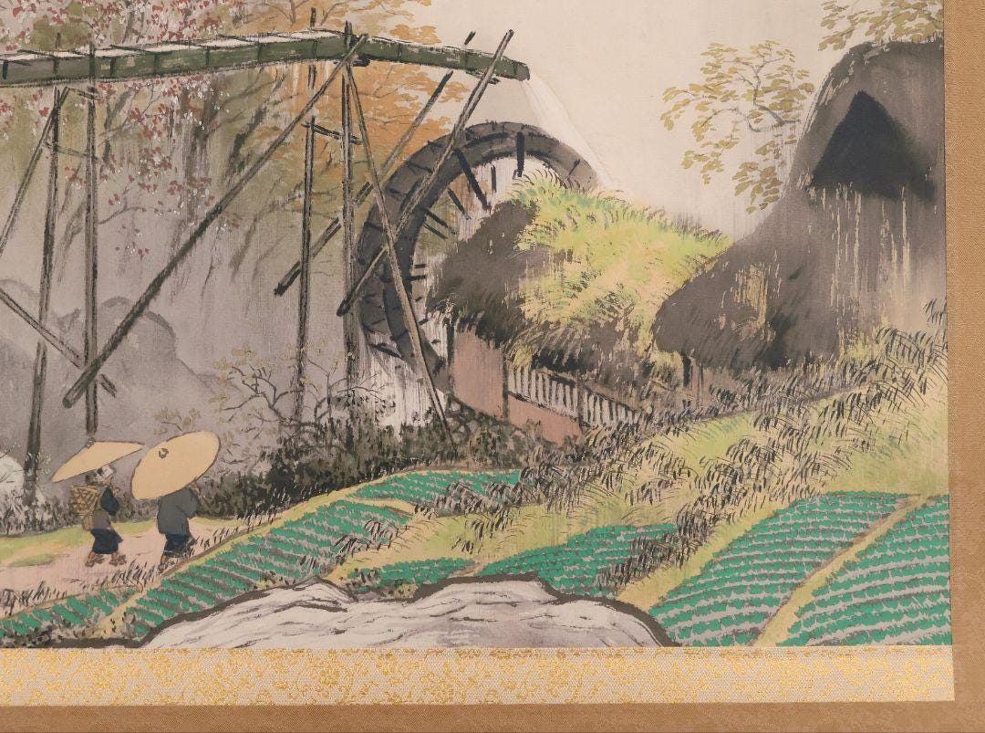 版画/川合玉堂/春雨図/リトグラフ/桐共箱付/布袋屋掛軸HD-988 川合玉堂作「岳水春雨」日本美術掛軸、限定13/480、絹本刷り、箱付