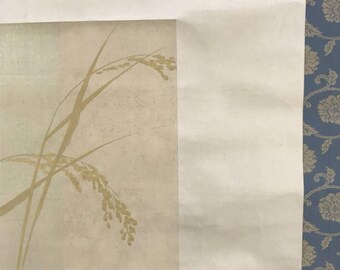 竹内清鳳作「黄金の稲穂掛け軸」 – 絹地に稲穂を描いた日本画、桐