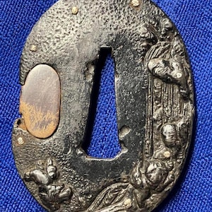 Vintage Tsuba for Tanto - Antique Japanese Sword Guard with Silver and Copper Inlay, Perfect for Collectors and Enthusiasts