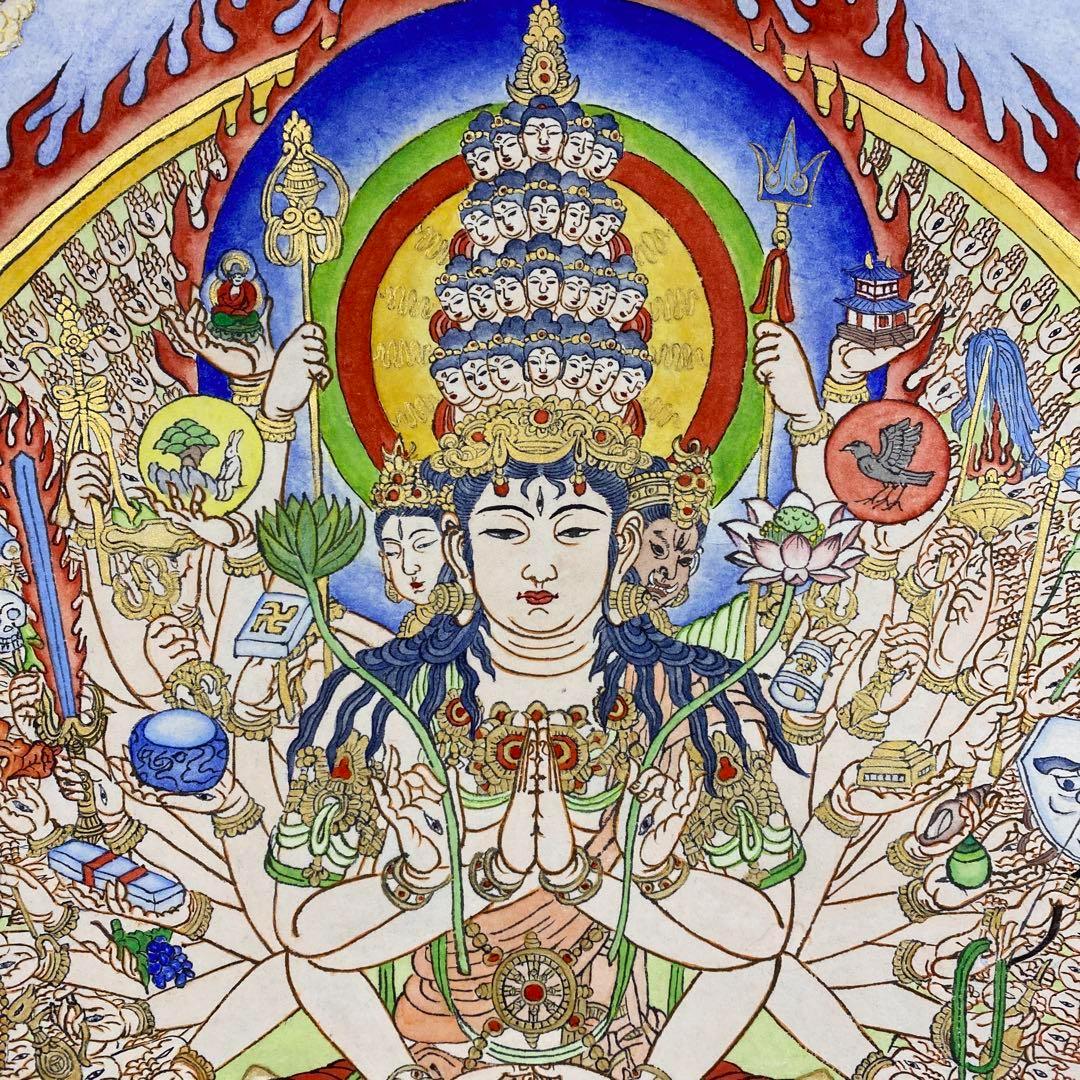 美品 掛軸 千手千眼観音像 仏教美術 曼荼羅 仏画 年中掛け 日本の掛軸「千手観音」曼荼羅仏画 紙本手描き 箱付き - Etsy 日本